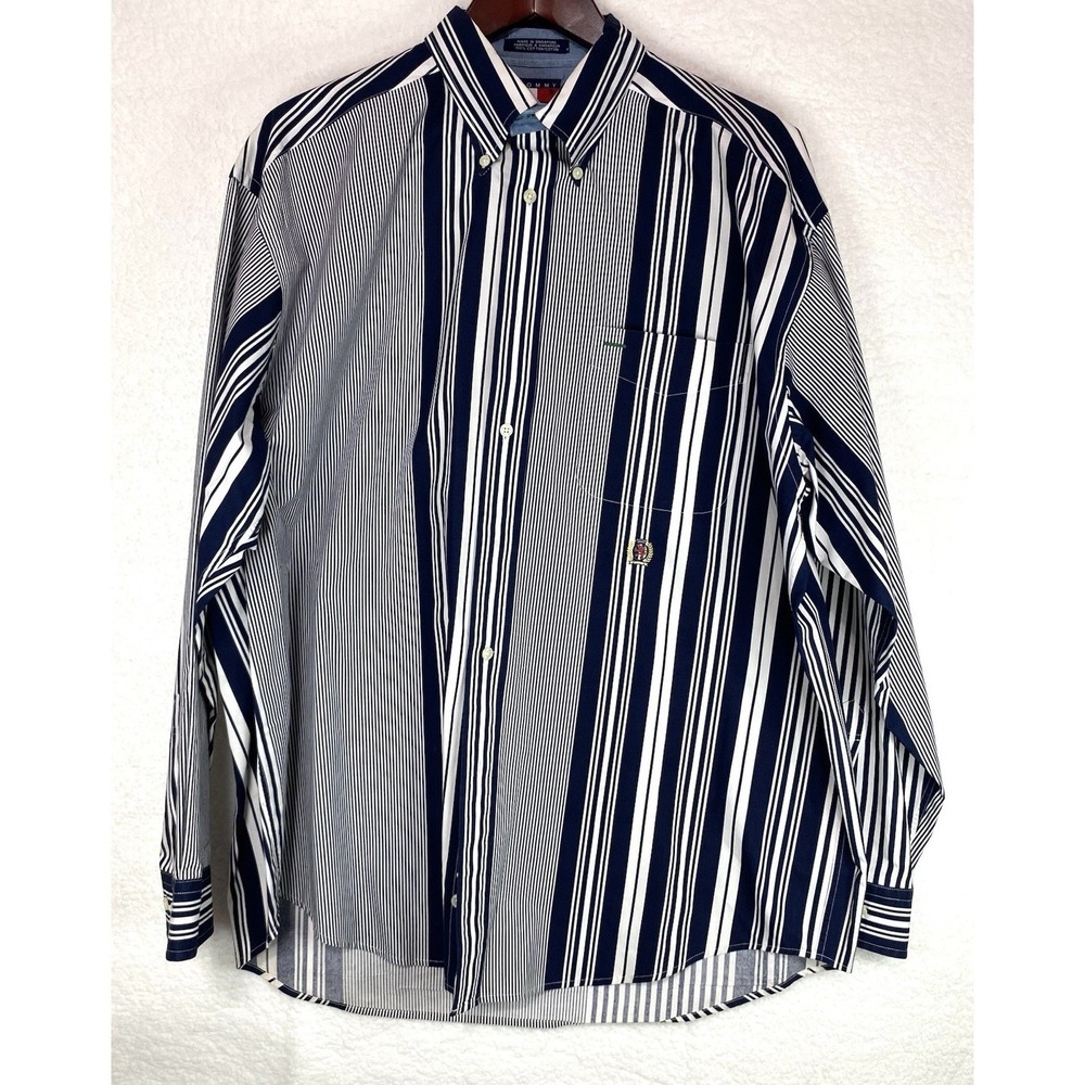 Tommy Hilfiger Mens Large Navy White Mixed Stripe Button Down Cotton Shirt